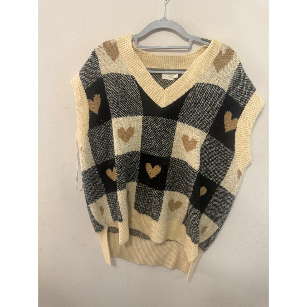Dreamers by Debut Womens Heart Checkered Knit Sweater Vest Black Cream Tan Large